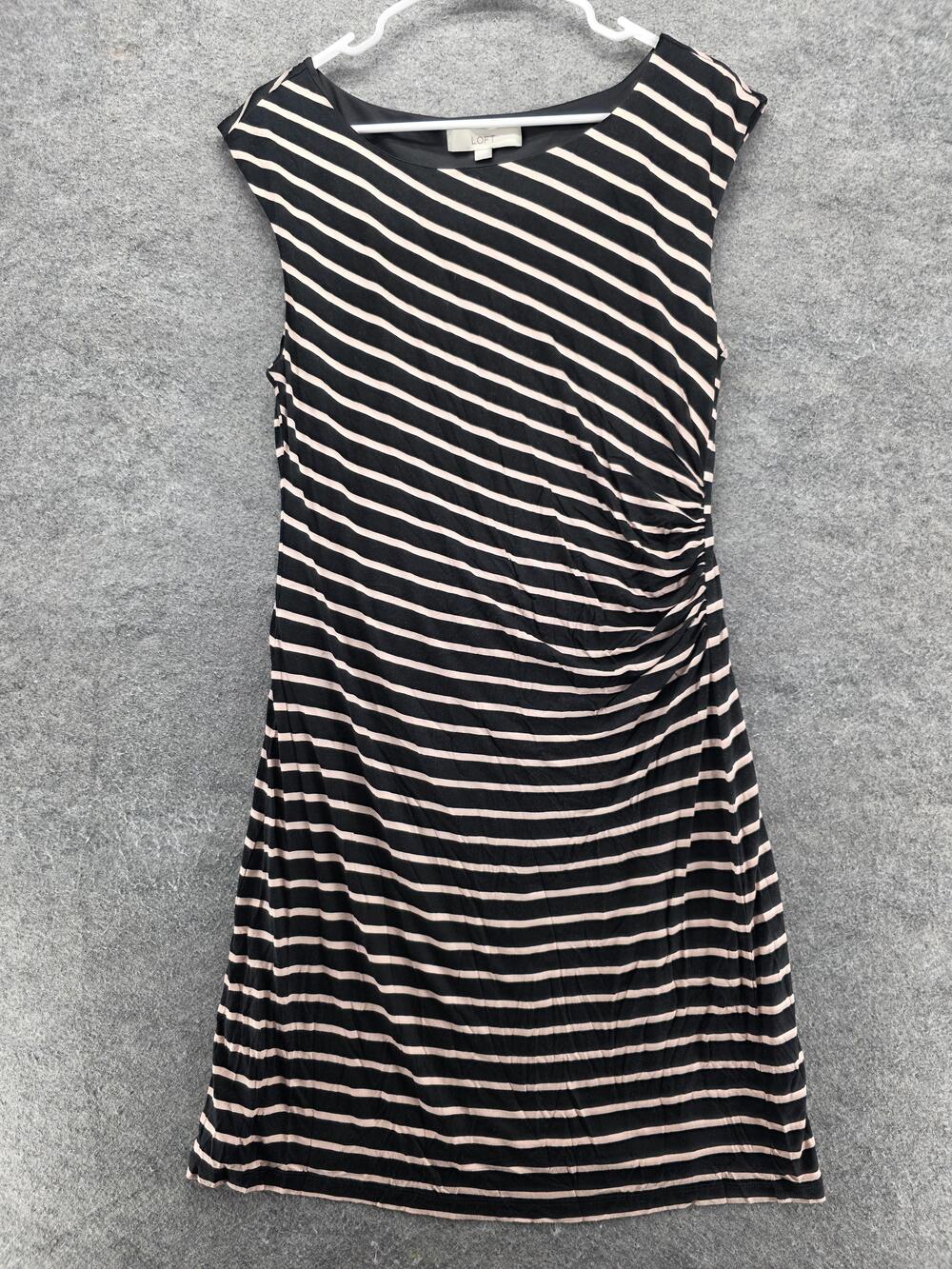 Loft Dress Womens Large Black Beige Stripe Ruched Stretch Lined Casual Knit